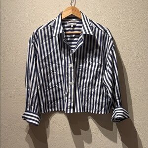 Madewell Navy and White Striped Crop button down Shirt